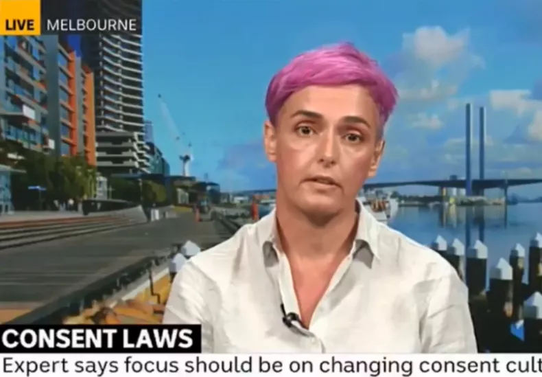 Deanne Carson pictured on Australia's ABC news network speaking about consent. ABC